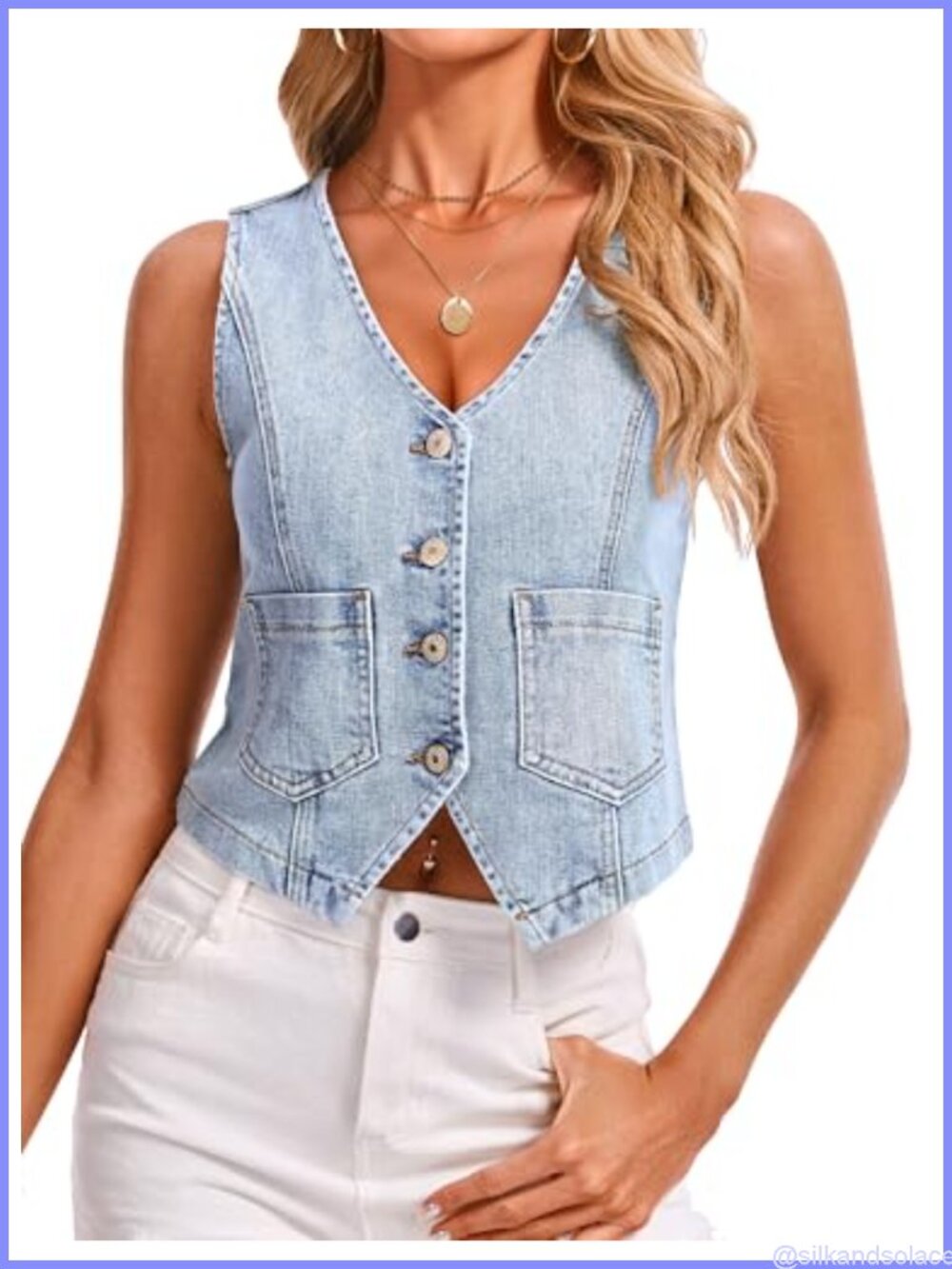 Women's Denim Vest V-Neck Sleeveless Button Up Jean Top Stretch